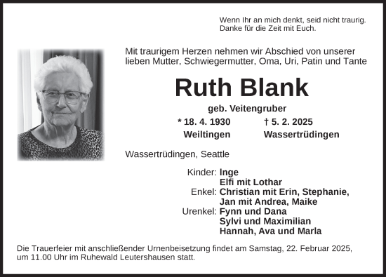 Traueranzeige von Ruth Blank von Dinkelsbühl/ Feuchtwangen