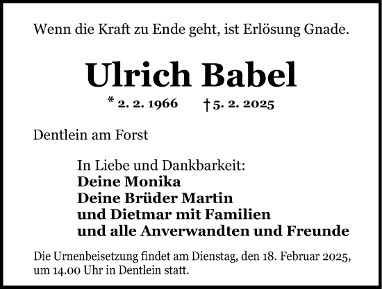 Traueranzeige von Ulrich Babel von Dinkelsbühl/ Feuchtwangen