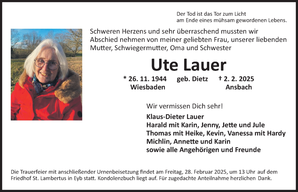  Traueranzeige für Ute Lauer vom 22.02.2025 aus Ansbach