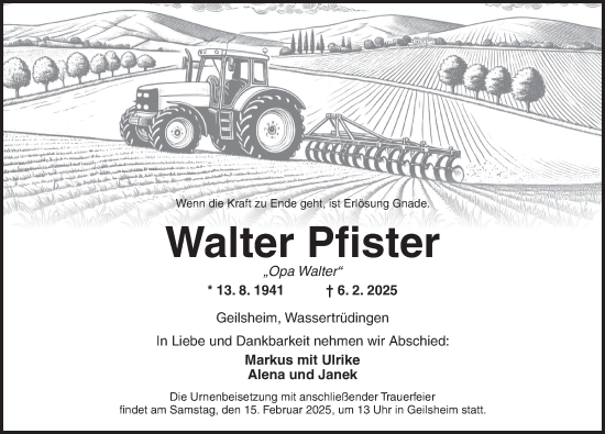 Traueranzeige von Walter Pfister von Dinkelsbühl/ Feuchtwangen