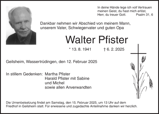 Traueranzeige von Walter Pfister von Dinkelsbühl/ Feuchtwangen