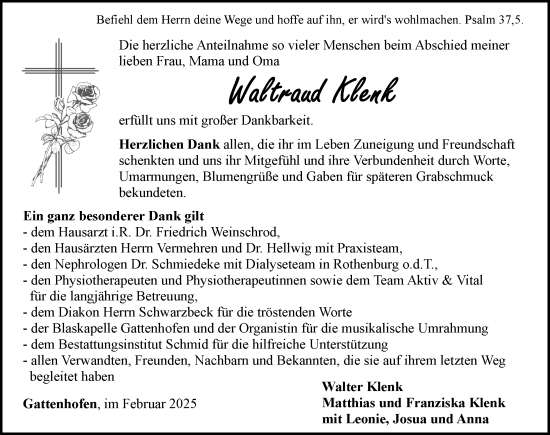 Traueranzeige von Waltraud Klenk von Rothenburg