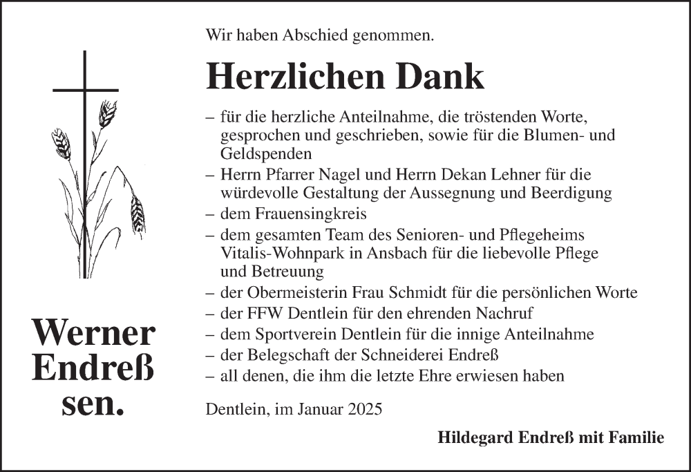  Traueranzeige für Werner Endreß vom 01.02.2025 aus Dinkelsbühl/ Feuchtwangen
