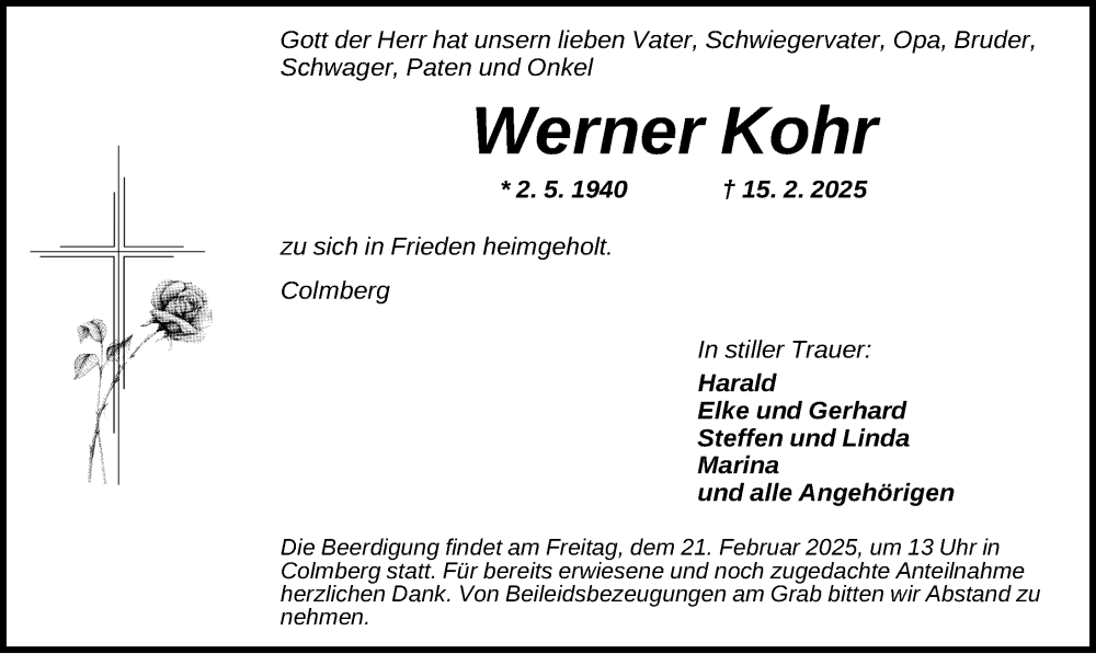  Traueranzeige für Werner Kohr vom 19.02.2025 aus Ansbach