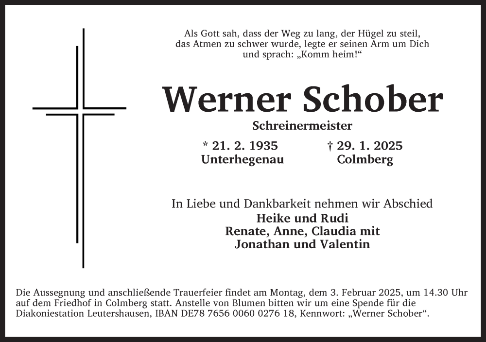  Traueranzeige für Werner Schober vom 01.02.2025 aus Ansbach