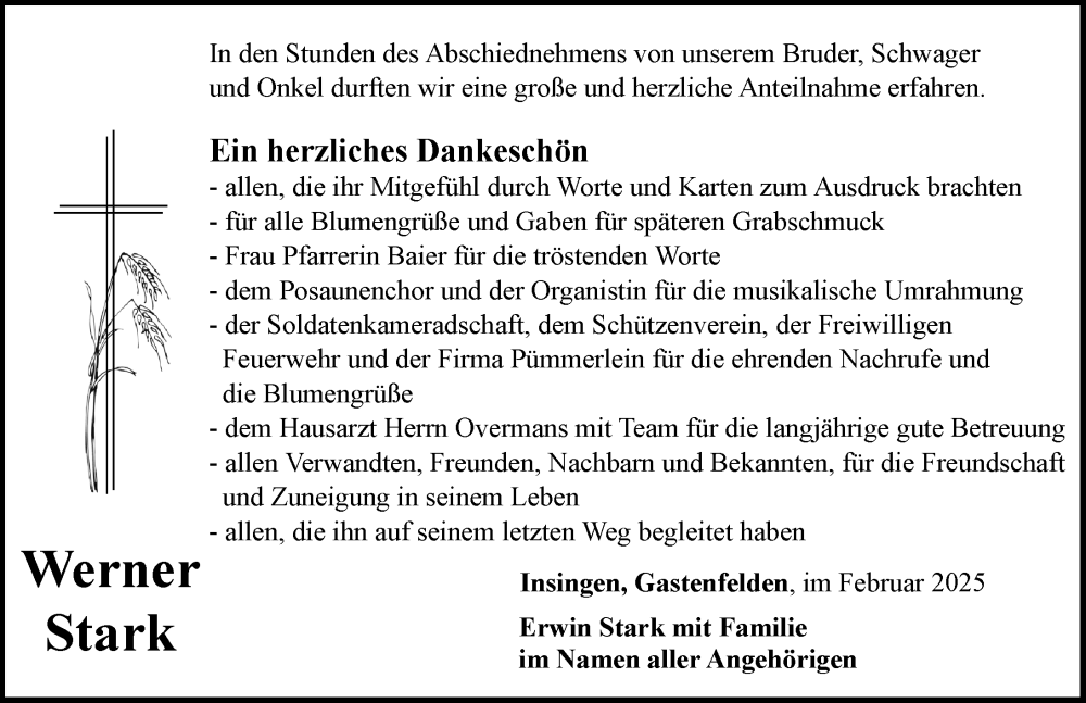  Traueranzeige für Werner Stark vom 08.02.2025 aus Rothenburg