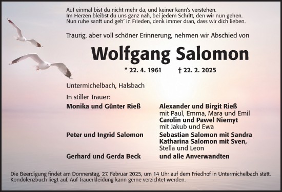 Traueranzeige von Wolfgang Salomon von Dinkelsbühl/ Feuchtwangen