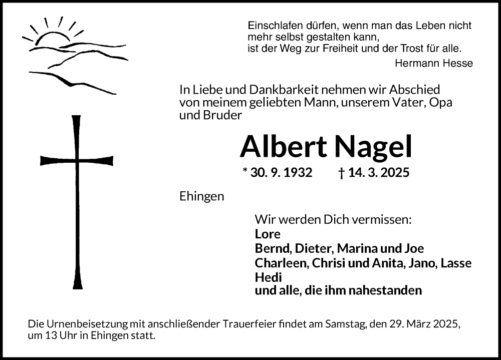  Traueranzeige für Albert Nagel vom 22.03.2025 aus Dinkelsbühl/ Feuchtwangen