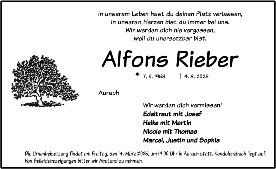 Traueranzeige von Alfons Rieber von Dinkelsbühl/ Feuchtwangen