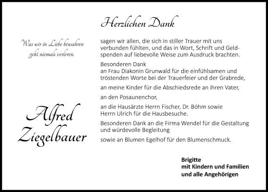 Traueranzeige von Alfred Ziegelbauer von Dinkelsbühl/ Feuchtwangen