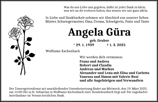 Traueranzeige von Angela Güra von Ansbach