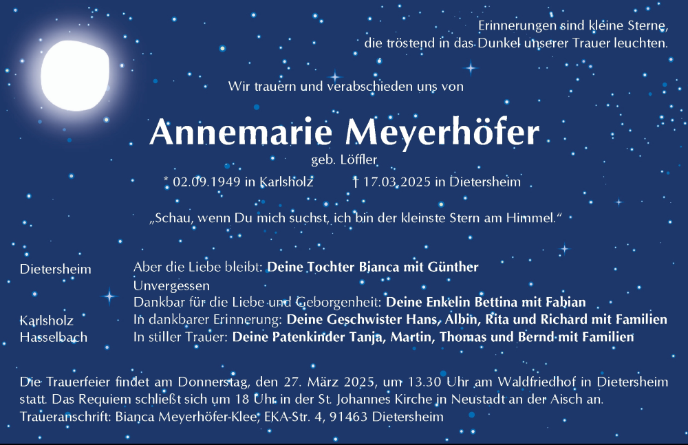  Traueranzeige für Annemarie Meyerhöfer vom 22.03.2025 aus Dinkelsbühl/ Feuchtwangen