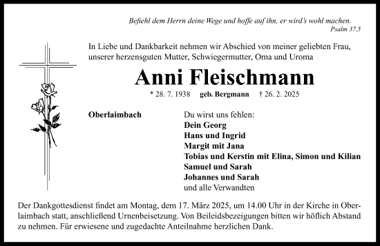Traueranzeige von Anni Fleischmann von Neustadt/ Scheinfeld/ Uffenheim