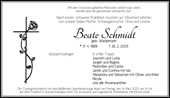 Traueranzeige von Beate Schmidt von Dinkelsbühl/ Feuchtwangen