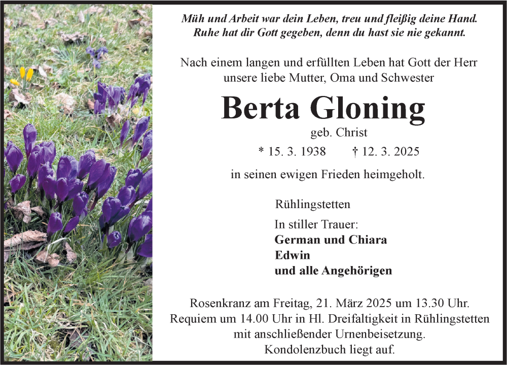  Traueranzeige für Berta Gloning vom 21.03.2025 aus Dinkelsbühl/ Feuchtwangen