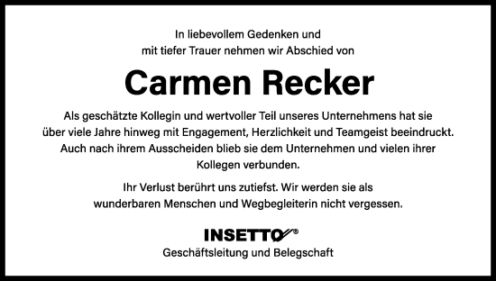 Traueranzeige von Carmen Recker von Ansbach
