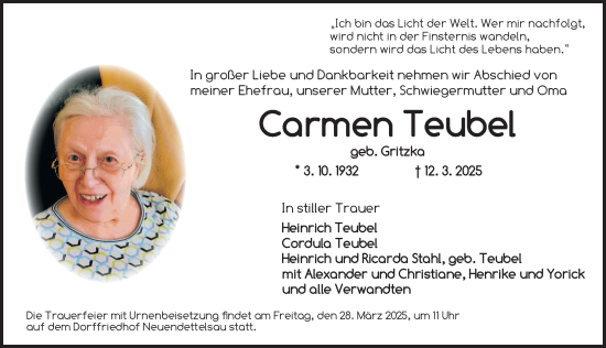 Traueranzeige von Carmen Teubel von Ansbach