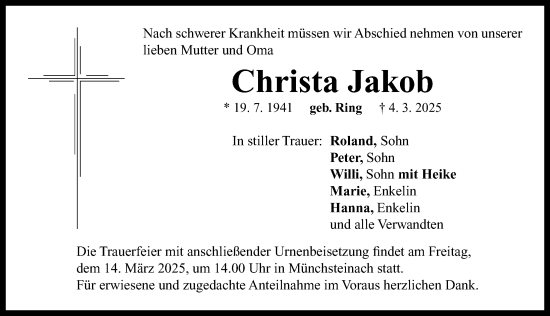 Traueranzeige von Christa Jakob von Neustadt/ Scheinfeld/ Uffenheim