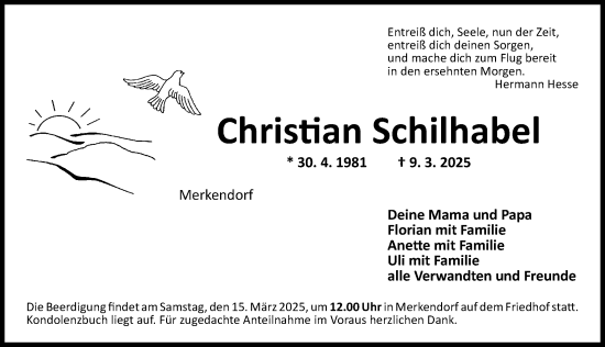 Traueranzeige von Christian Schilhabel von Ansbach
