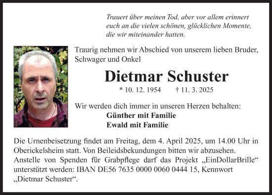 Traueranzeige von Dietmar Schuster von Neustadt/ Scheinfeld/ Uffenheim