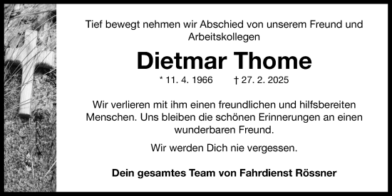 Traueranzeige von Dietmar Thome von Neustadt/ Scheinfeld/ Uffenheim