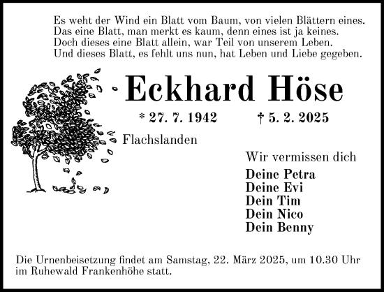 Traueranzeige von Eckhard Höse von Ansbach