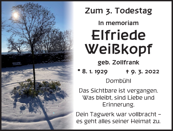 Traueranzeige von Elfriede Weißkopf von Rothenburg