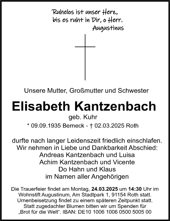 Traueranzeige von Elisabeth Kantzenbach von Ansbach