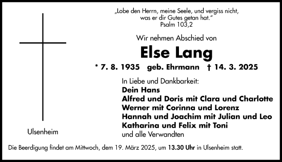 Traueranzeige von Else Lang von Neustadt/ Scheinfeld/ Uffenheim