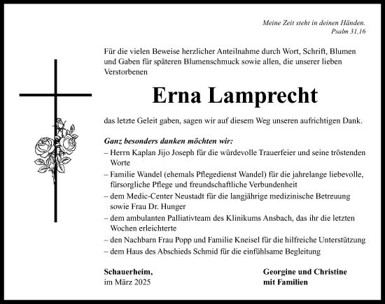 Traueranzeige von Erna Lamprecht von Neustadt/ Scheinfeld/ Uffenheim