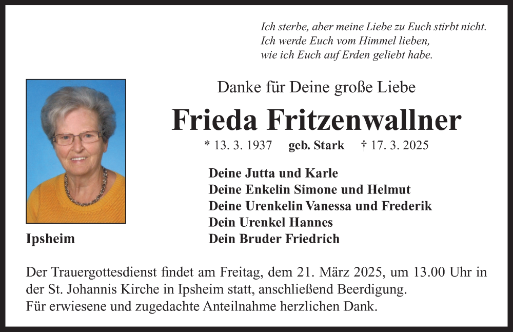  Traueranzeige für Frieda Fritzenwallner vom 20.03.2025 aus Neustadt/ Scheinfeld/ Uffenheim