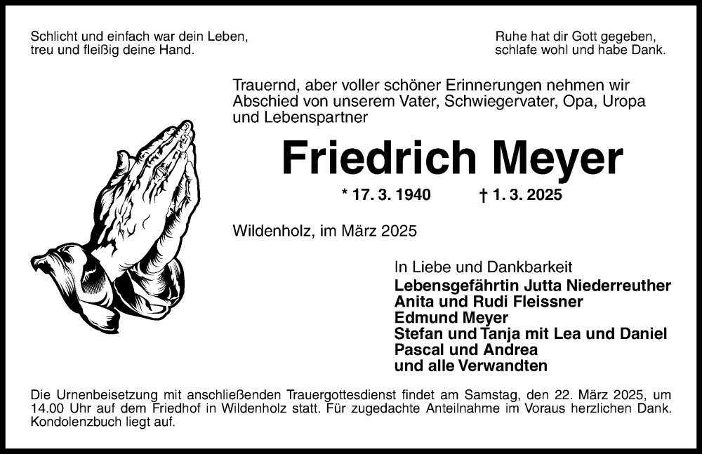  Traueranzeige für Friedrich Meyer vom 20.03.2025 aus Dinkelsbühl/ Feuchtwangen