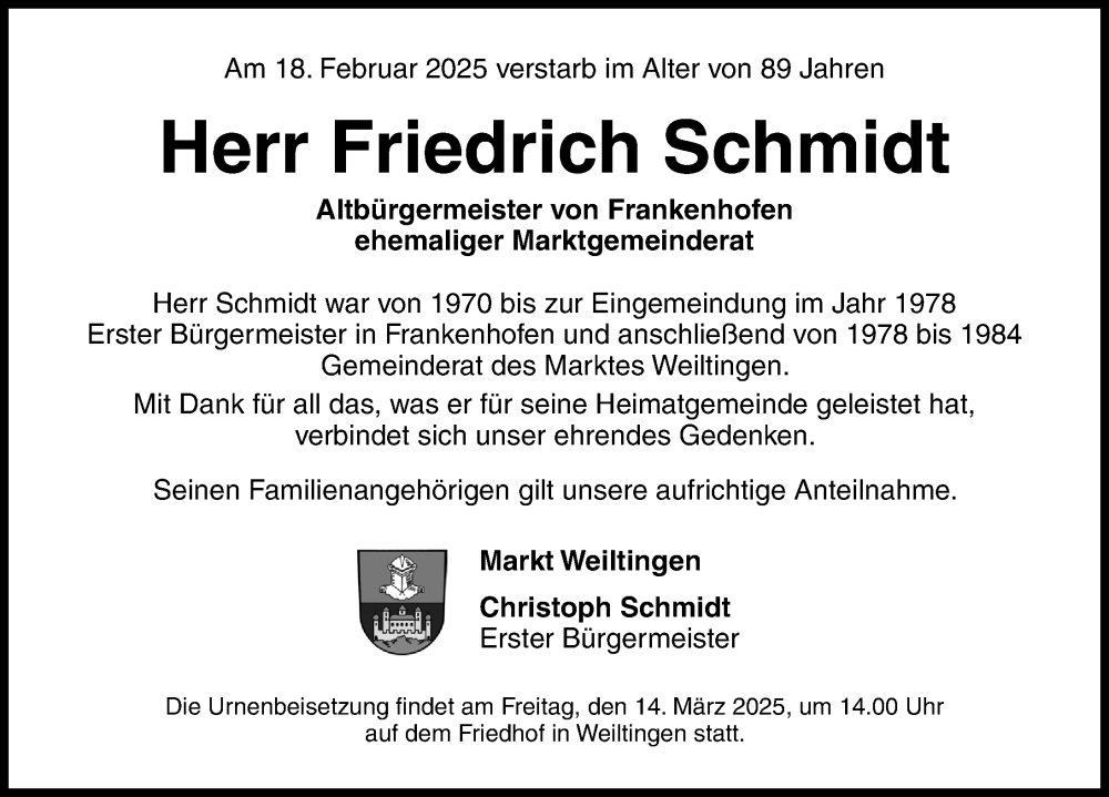  Traueranzeige für Friedrich Schmidt vom 12.03.2025 aus Dinkelsbühl/ Feuchtwangen