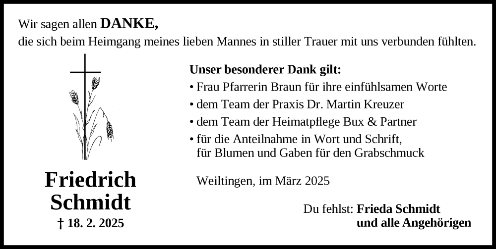  Traueranzeige für Friedrich Schmidt vom 22.03.2025 aus Dinkelsbühl/ Feuchtwangen