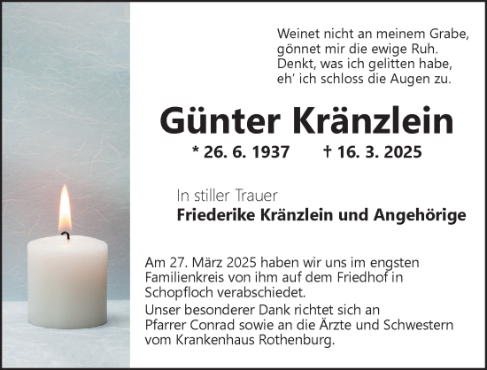Traueranzeige von Günter Kränzlein von Dinkelsbühl/ Feuchtwangen