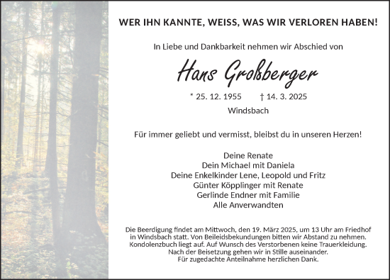 Traueranzeige von Hans Großberger von Ansbach