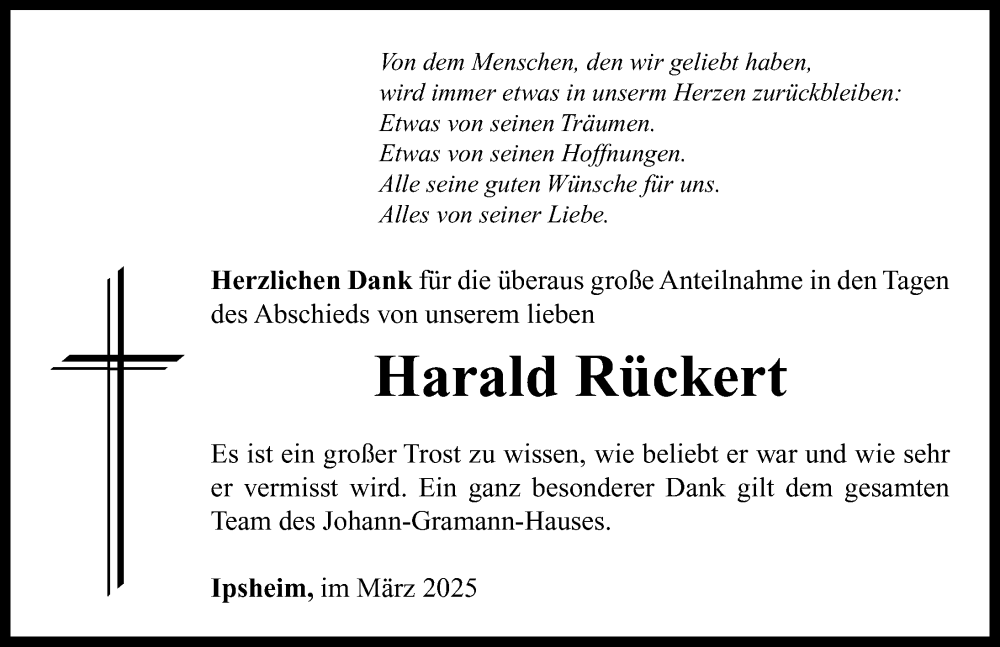  Traueranzeige für Harald Rückert vom 15.03.2025 aus Neustadt/ Scheinfeld/ Uffenheim