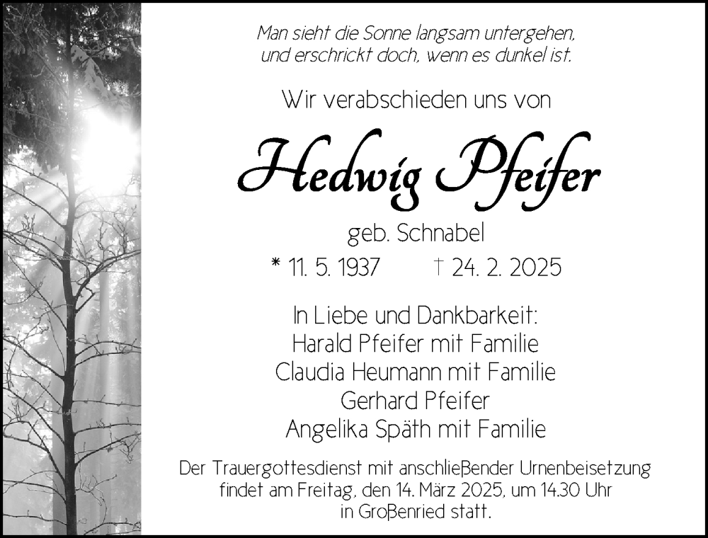  Traueranzeige für Hedi Pfeifer vom 11.03.2025 aus Ansbach