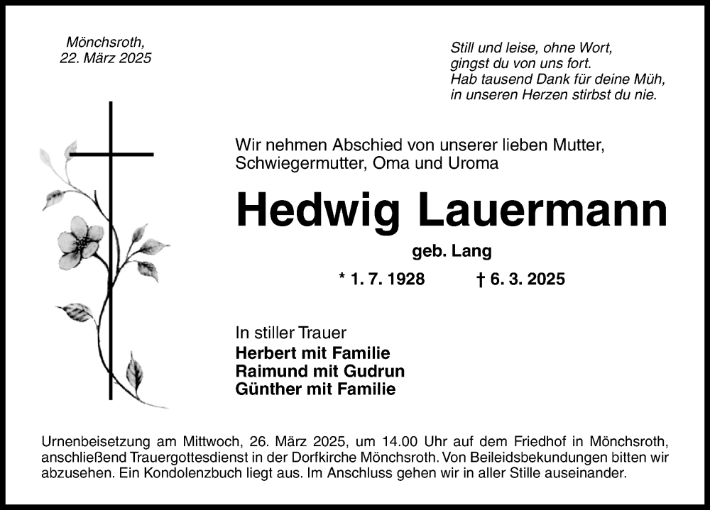  Traueranzeige für Hedwig Lauermann vom 22.03.2025 aus Dinkelsbühl/ Feuchtwangen