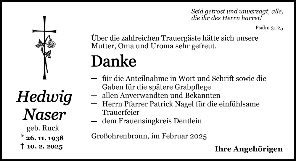  Traueranzeige für Hedwig Naser vom 03.03.2025 aus Dinkelsbühl/ Feuchtwangen