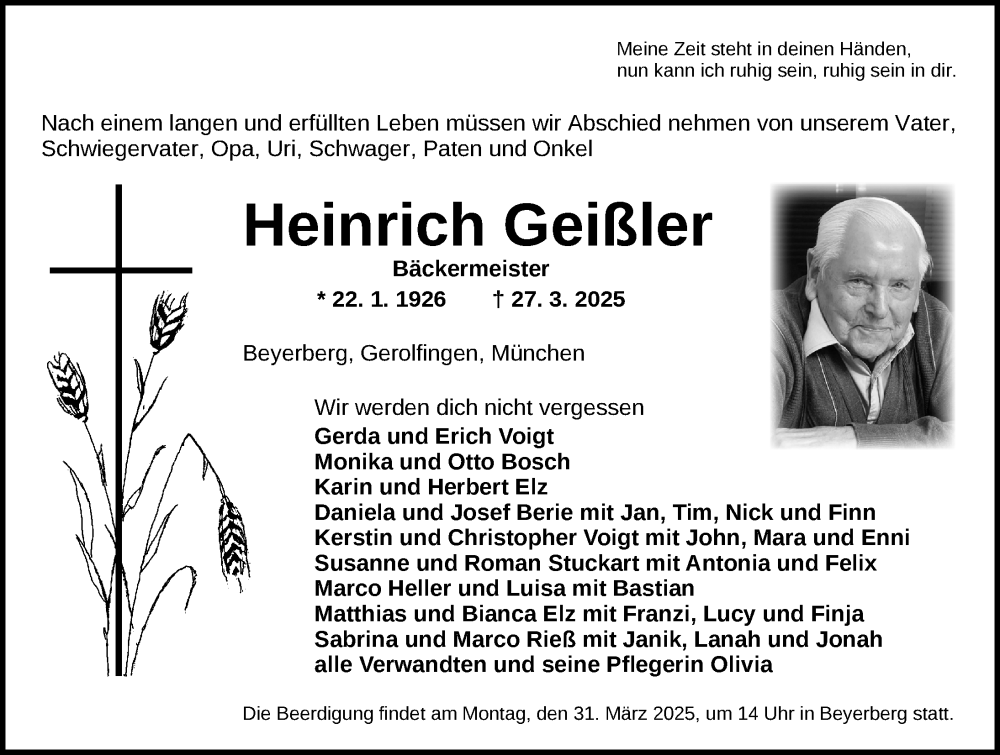  Traueranzeige für Heinrich Geißler vom 29.03.2025 aus Dinkelsbühl/ Feuchtwangen