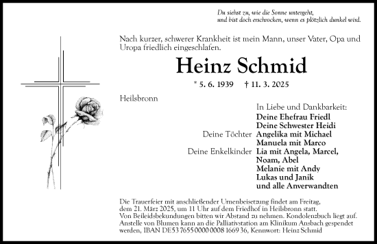 Traueranzeige von Heinz Schmid von Ansbach