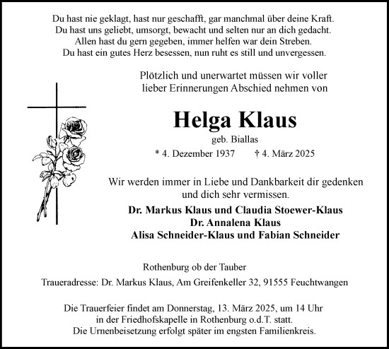 Traueranzeige von Helga Klaus von Dinkelsbühl/ Feuchtwangen