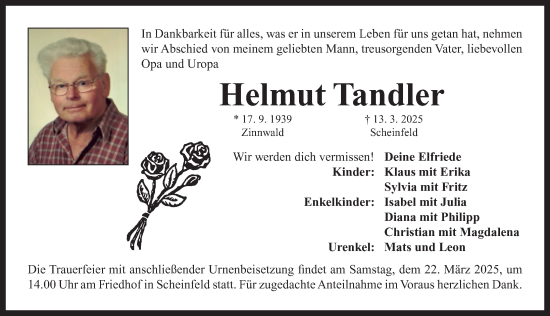 Traueranzeige von Helmut Tandler von Neustadt/ Scheinfeld/ Uffenheim