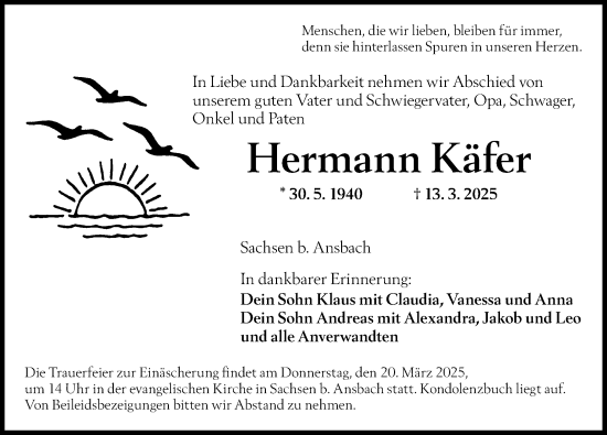 Traueranzeige von Hermann Käfer von Ansbach
