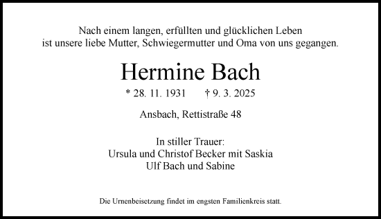 Traueranzeige von Hermine Bach von Ansbach