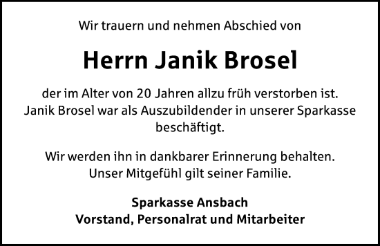 Traueranzeige von Janik Brosel von GE