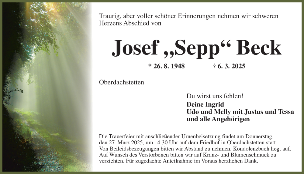  Traueranzeige für Josef Beck vom 22.03.2025 aus Ansbach