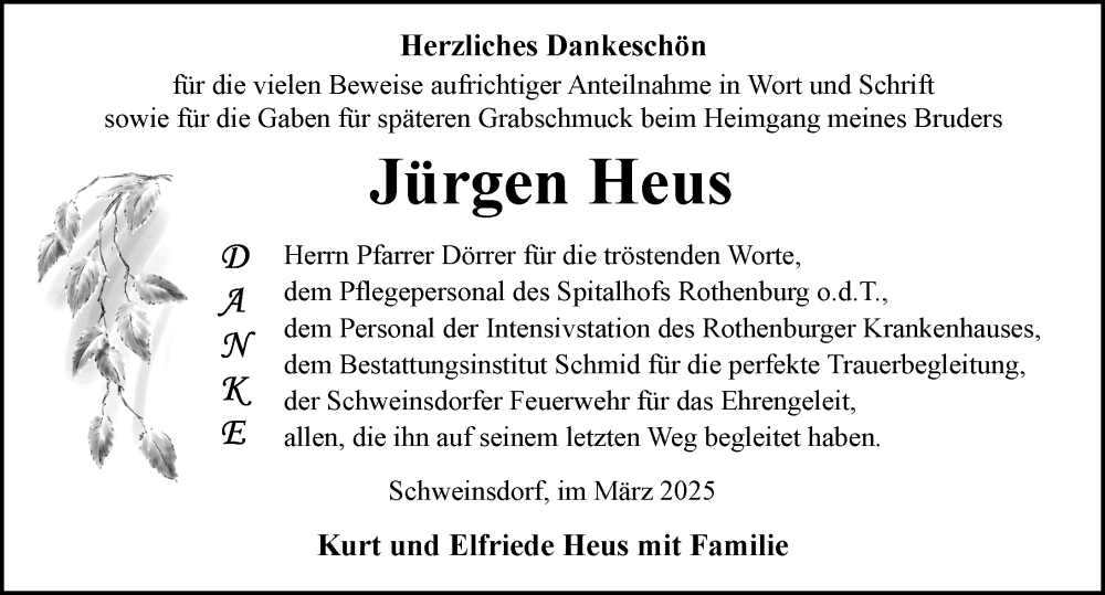  Traueranzeige für Jürgen Heus vom 08.03.2025 aus Rothenburg