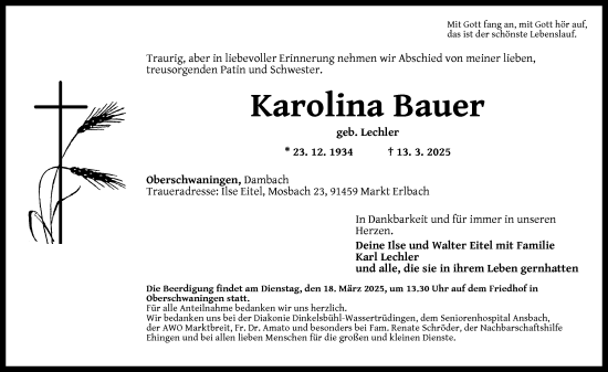 Traueranzeige von Karolina Bauer von Dinkelsbühl/ Feuchtwangen